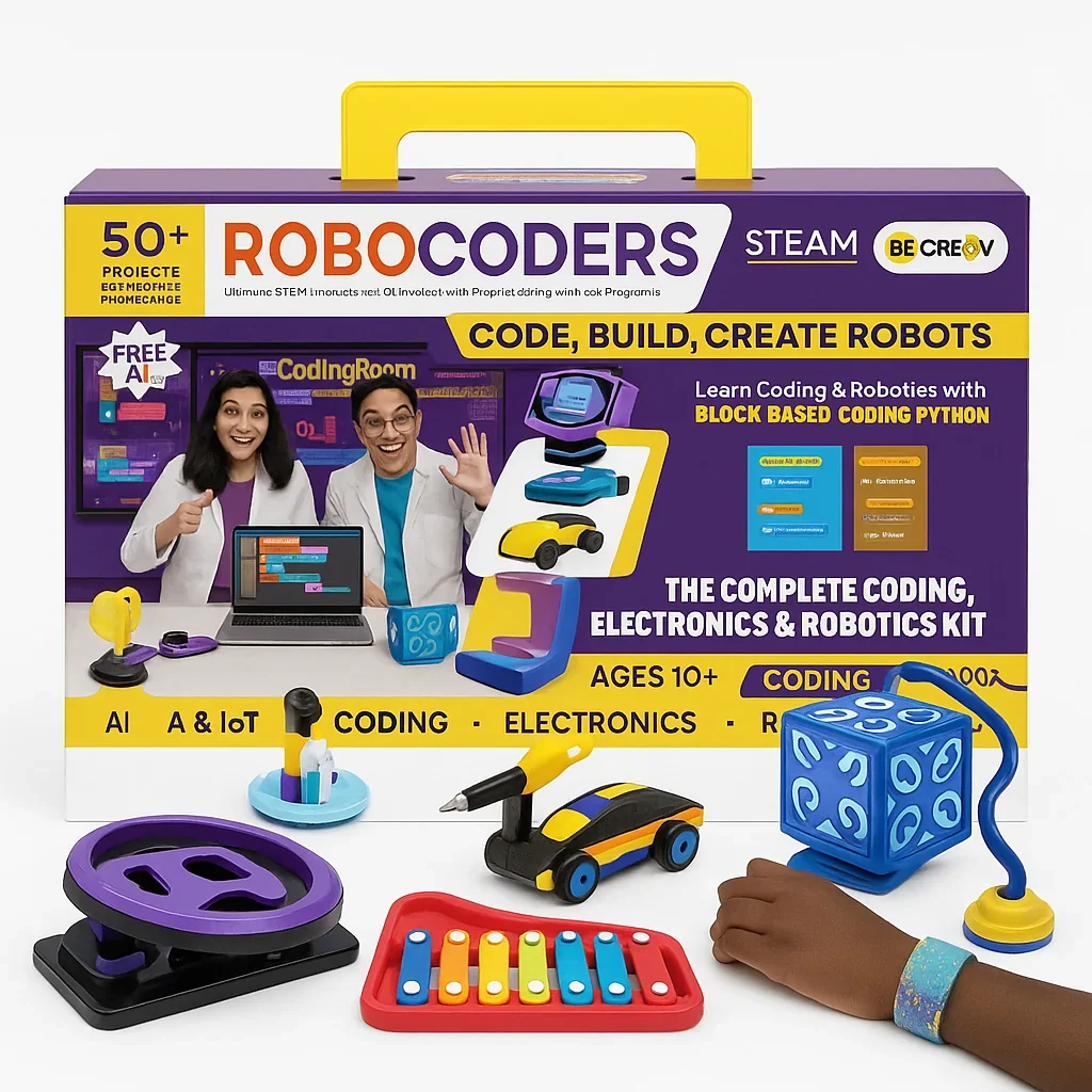 7e908f0bd2b54405bec6bb895cb68243-v1-1.webp Be Cre8v Robocoders | Hands-On Robotics & Programming Education Kit for Ages 8-14 | Master Scratch Through Python | 50+ IoT, Sensor & Electronics Challenges | Includes Motors, Microcontroller & Circuit Components | Complimentary Digital Learning Program - Image 1