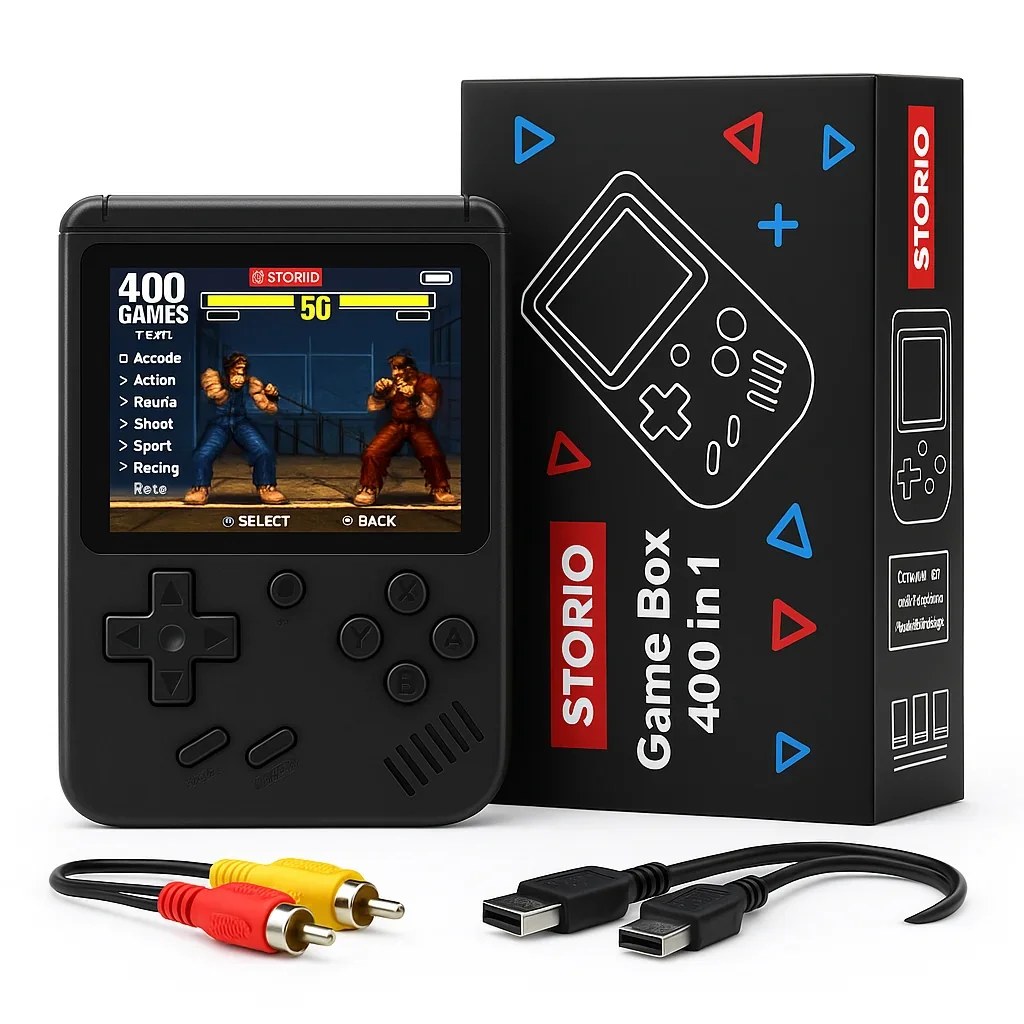 ffb8c0236f0c452ead800fd7f9f44262-v1-1.webp Storio 400-in-1 Rechargeable Handheld Retro Gaming Console with TV Connection - Multicolor Portable Game Device - Image 1